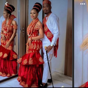 Africa traditional couple attire,Africa ISI AGU traditional wedding attire,isi Agu traditional matching cloth,Igbo traditional attire