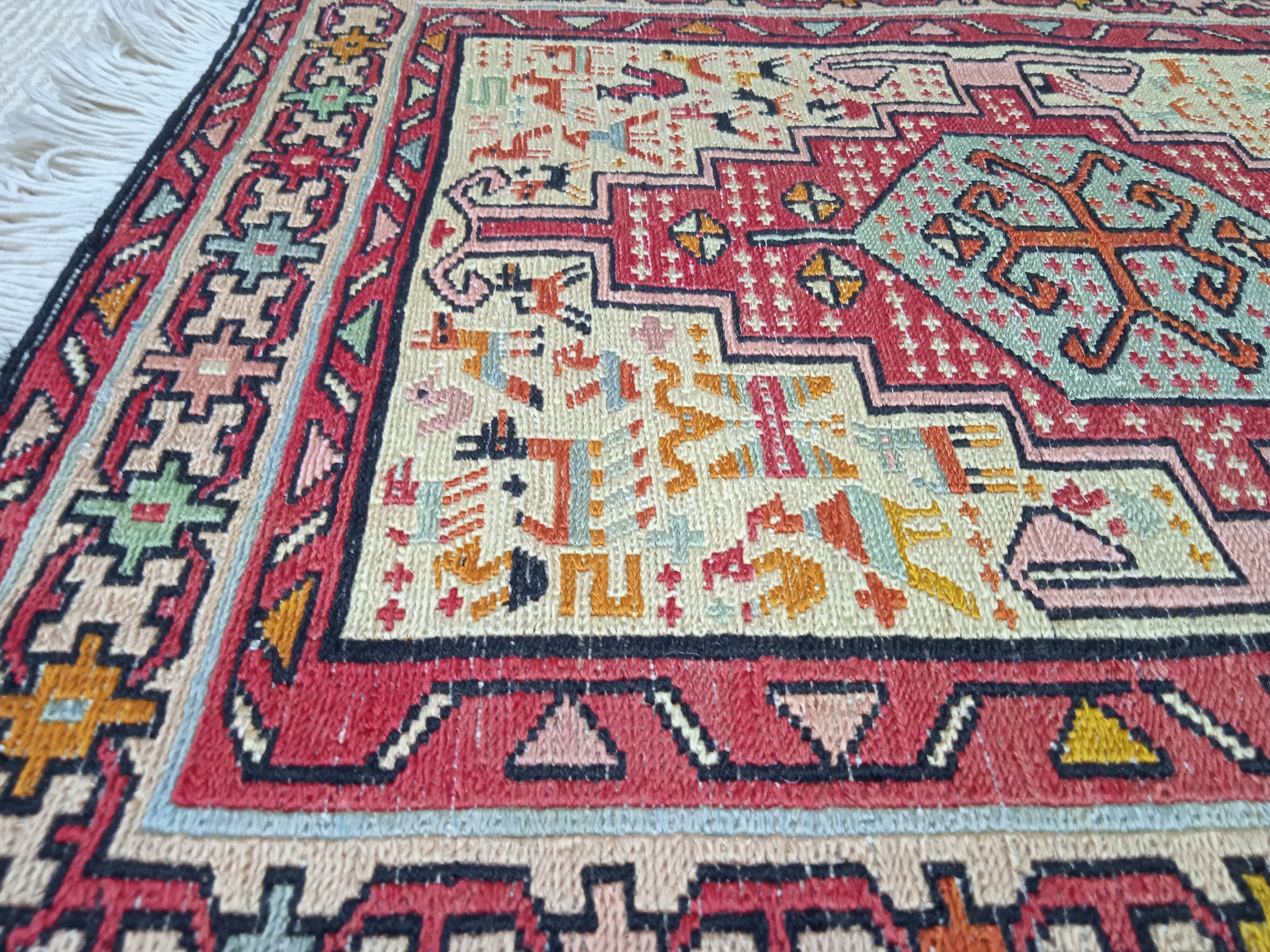 Silk Shahsevan Sumak Rug 2'X2' Square Soumak Rug, Vintage Silk Square Small Rug, Handmade Silk ...
