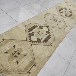 Vintage Turkish Oushak Runner Rug: Handwoven Wool & Cotton, Brown Beige Geometric Hallway Rug