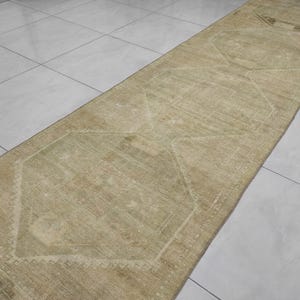 Vintage Turkish Hallway Runner Rug: Handwoven Wool & Cotton, Faded Geometric Design