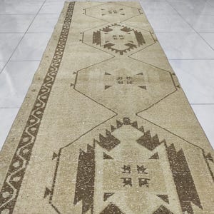 Vintage Turkish Runner Rug: 3.4x13.7 Beige Brown Wool & Cotton Hallway Rug
