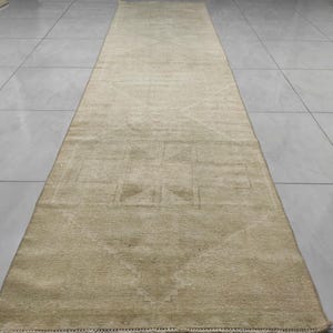 Vintage Turkish Oushak Runner Rug: Handwoven Wool & Cotton, Faded Beige Brown (3X12)