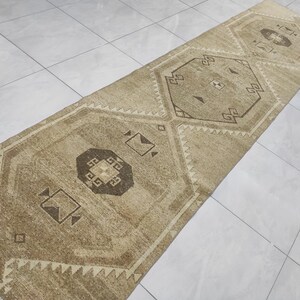 Vintage Turkish Oushak Runner Rug: 3.2&#39;x10.4&#39; Handwoven Wool & Cotton