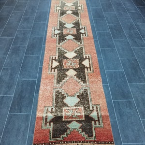 Faded Red Turkish Runner Rug: Geometric Entryway Rug (2.59&#39;x12.07&#39;)