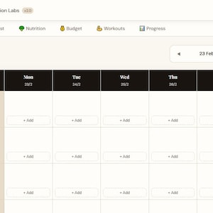 Peut inclure: Interface numérique de planification de repas, "Meal Planner Pro", affichant un plan hebdomadaire. L'interface comprend des sections pour le petit-déjeuner, le déjeuner et le dîner, avec des options pour ajouter des repas chaque jour. La barre de navigation supérieure propose des recettes, une liste de courses, etc.