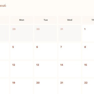 May include: A digital monthly calendar for January 2026, presented on a light beige background. The calendar grid features dates in a dark orange font. Navigation buttons and a sidebar with options like "Daily," "Weekly," and "Monthly" are visible.