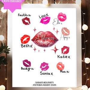 Kiss the Miss Goodbye Lips Digitales Poster. Lustiges Junggesellinnenabschiedsspiel. Niedliches Hen Do Print At Home Poster. Braut Lippenstift Kuss-Andenken.