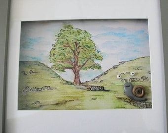 Sycamore Gap at a Snail's Pace, Original Hand drawn Watercolour and Ink Mounted Picture in Frame, Hadrian's Wall, Northumberland, Gift