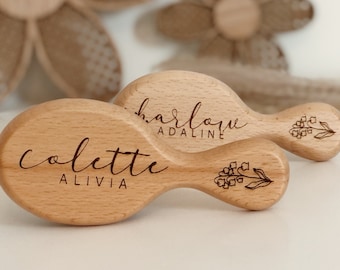 Personalised Wooden Baby or Kids Hairbrush with Birth Month Flower |  Keepsake Gift for Baby | Babyshower Gift