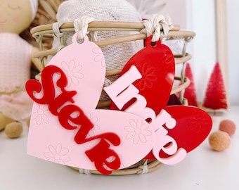 Valentine's Day Daisy Engraved Heart Tag / Valentine's Day Basket Tag / Custom Name Tag/ Heart Name Tag / Valentines Tag