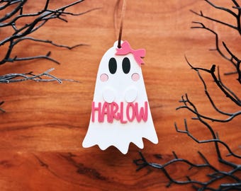 Etichetta con fiocco fantasma / Etichetta con cestino Girly Boo / Etichetta con fantasma di Halloween / Etichetta con cestino di Halloween / Etichetta con sacchetto per dolcetto o scherzetto / Etichetta con cestino personalizzato