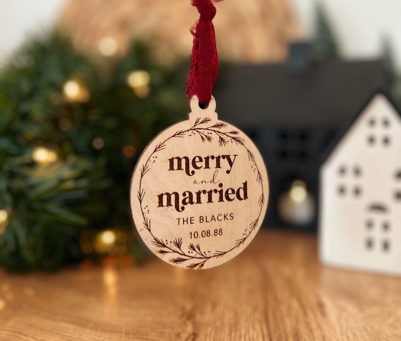 Merry & Married Ornament / Keepsake Ornament / Personalized Christmas Ornament image 1
