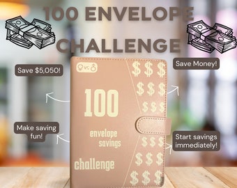 May include: A pink leather-bound notebook with the text "100 envelope savings challenge" on the front. The notebook has a flap with a gold buckle and is decorated with dollar signs. The notebook is a tool for saving money.