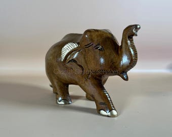 Handmade Wooden Elephant Figurine – Home Decor Ornament – Boho Animal Sculpture – Good Luck Gift Idea UK