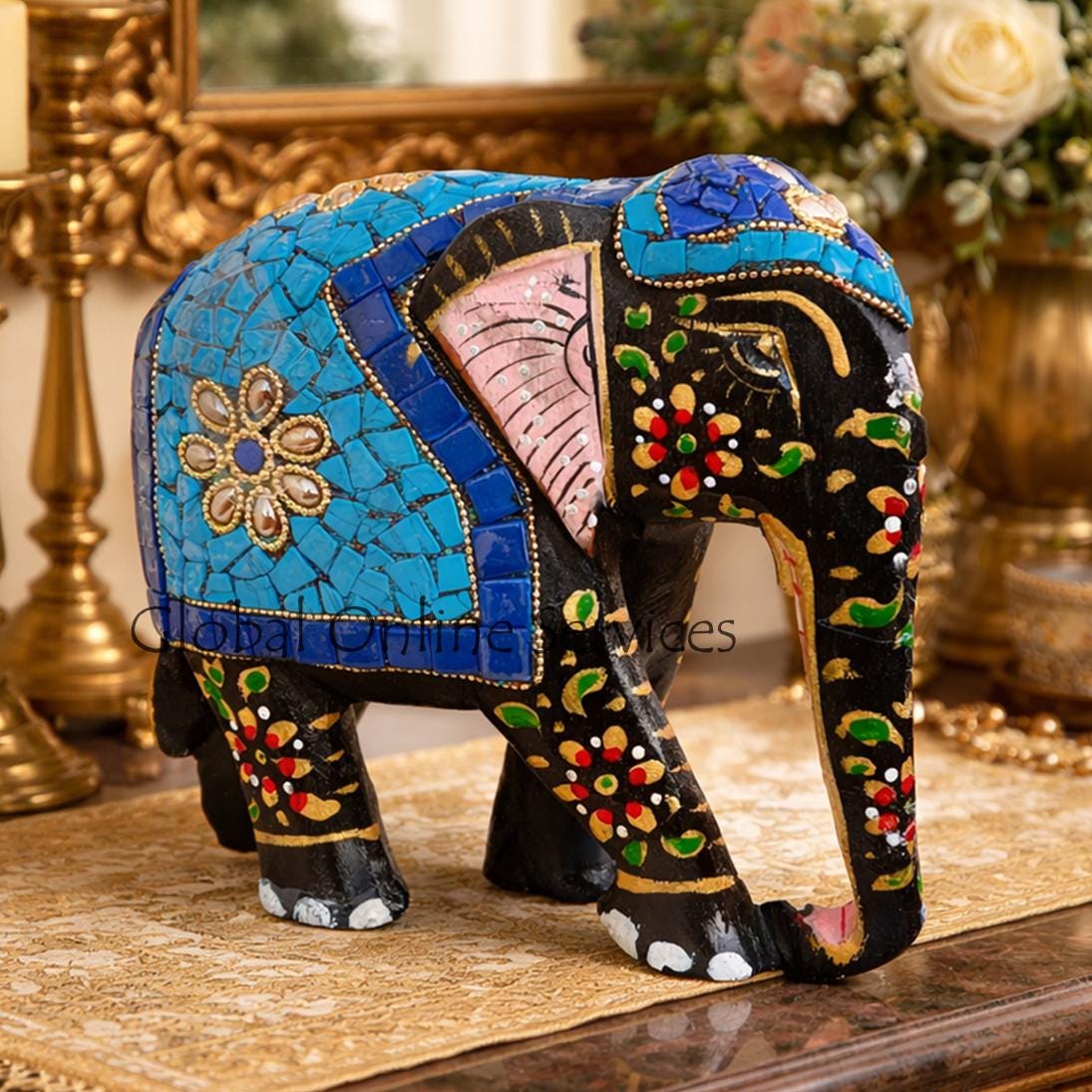 手作り木製象のオーナメント – インド風装飾置物 – Boho Home Decor UK
