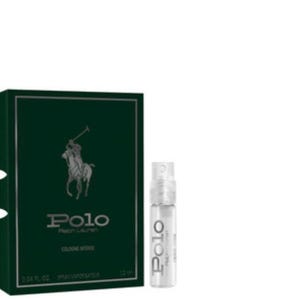 May include: A dark green box and a clear spray bottle of Polo cologne. The box features a silver outline and the Polo logo with a polo player. The spray bottle has the Polo logo printed on it.
