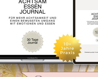 以下が含まれることがあります： ラップトップ、タブレット、スマートフォンに表示された「ACHTSAM ESSEN JOURNAL」というタイトルのジャーナルデザインのデジタル製品ディスプレイ。 テキストはドイツ語です。 下部のバナーには、176 ページが PDF ダウンロードとして利用可能であることが示されています。