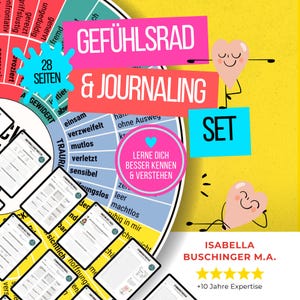 May include: A colorful journal set with the words "GEFÜHLSRAD & JOURNALING" and "28 SEITEN" in German. The set includes a wheel of emotions and journaling pages. The design features a yellow background with heart-shaped characters and the text "LERNE DICH BESSER KENNEN & VERSTEHEN".