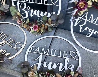Vintage Wood Ring Loop Door Sign Wreath Name Family Wooden Wreath Wooden Ring Dried Flowers Eucalyptus Olive White/Grey