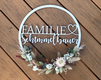 Vintage Holz Ring Loop Türschild Kranz Name Familie Holzkranz Holzring Trockenblumen Eukalyptus Olive