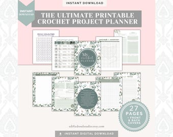 Op de afbeelding: Printbare haakprojectplanner met 27 pagina's, inclusief voor- en achterkant. De planner heeft een bloemenontwerp in een groen-wit kleurenschema. De tekst "My Crochet Planner" staat op de omslag.