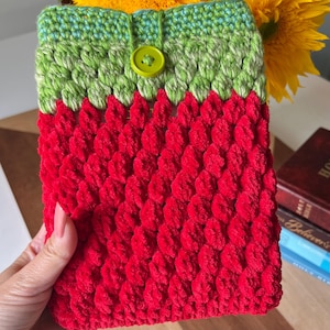 Crochet Strawberry Bible/Book Cover With Button, Crochet Book/ Kindle Sleeve, Tablet/Mini IPad + Bookmark, Book Lover Gift, Ready To Ship