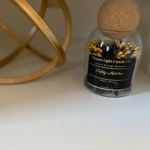 Safety Matches Cozy Up| Decorative Matches Glass Jar| Match Striker, Match Holder, 80 Black Long Matches| With Gold Tip
