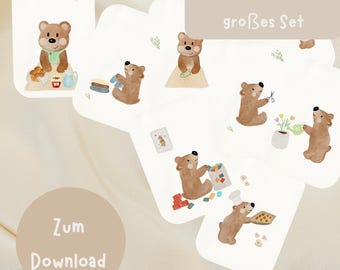 May include: A set of printable routine cards featuring illustrations of a brown bear performing various activities, such as eating breakfast, getting dressed, playing with blocks, gardening, and baking. The cards are labeled "Routine Karten großes Set" and "Zum Download".