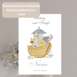 Digitale uitnodiging doop – Ark van Noach | Gepersonaliseerd en direct te downloaden | DIY uitnodigingskaart om te bewerken en af te drukken, uitnodigingskaart