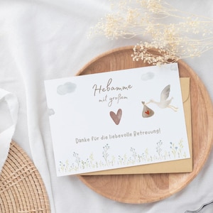 Dankeskarte für Hebamme "Danke für die liebevolle Betreuung", Karte Dankeschön A6, Abschiedsgeschenk Hebamme, Geschenk Geburt, Storch Baby