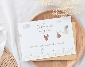 Dankeskarte für Hebamme "Danke für die liebevolle Betreuung", Karte Dankeschön A6, Abschiedsgeschenk Hebamme, Geschenk Geburt, Storch Baby