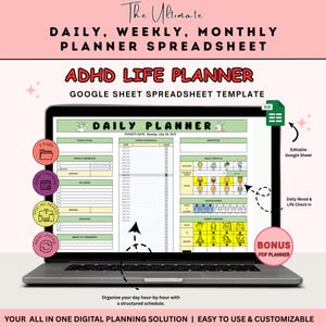 Daily & Monthly Planner Google Sheets | ADHD Life Organizer | Digital Calendar Spreadsheet Template for Productivity Spreadsheet Google