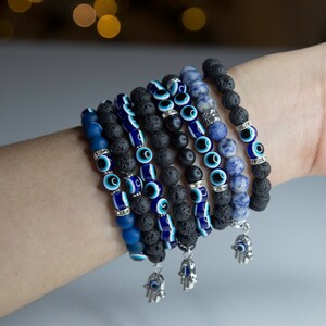EVIL EYE BRACELETS Protection Amulet ~ Ojo Turco~ Mal de Ojo~ hand beaded stretchy 8mm Turkish beads, natural stones, pendant.