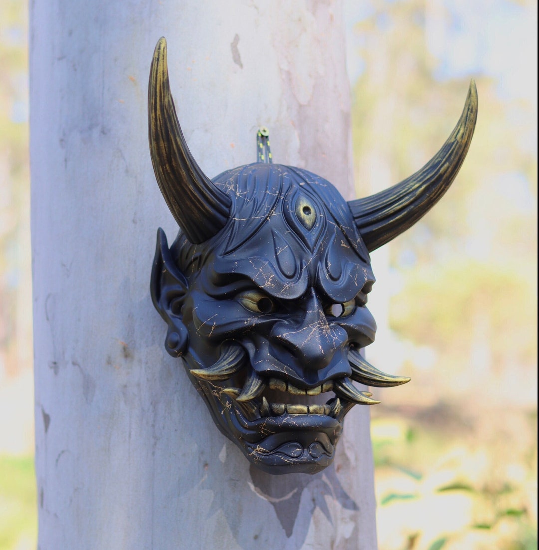 Matt Black Oni Mask Japanese Hannya Demon With Horns Hand Made