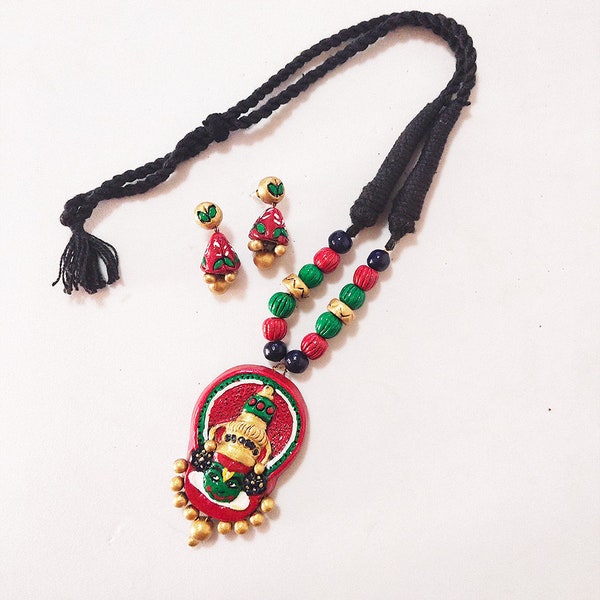 Terracotta Kathakali  motif pendant Necklace Set  with medium sized jhumkas
