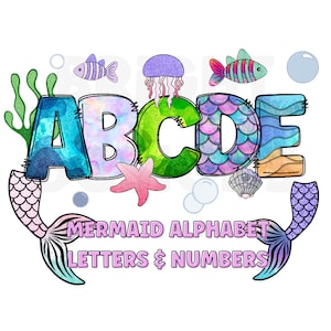Mermaid alphabet png clipart letters 300dpi transparent png. 5 styles of alphabet letters A-Z. Uppercase letters and numbers