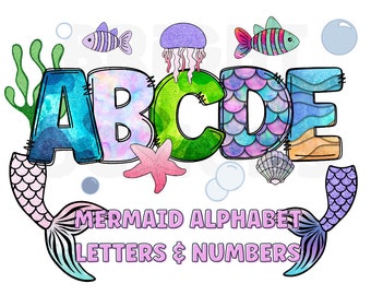 Mermaid alphabet png clipart letters 300dpi transparent png. 5 styles of alphabet letters A-Z. Uppercase letters and numbers