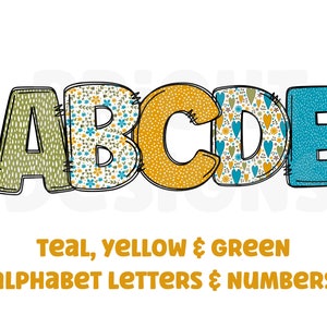 Letras prediseñadas de color verde azulado, amarillo y verde 300 ppp png transparente. 5 estilos de letras del alfabeto A-Z. Letras mayúsculas