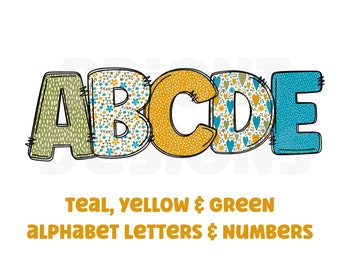 Teal, yellow and green clipart letters 300dpi transparent png. 5 styles of alphabet letters A-Z. Uppercase letters
