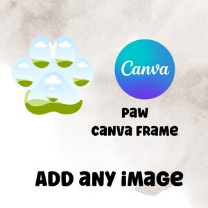 Pode incluir: Uma pegada verde com um céu azul e grama verde dentro. A pegada é uma moldura Canva para adicionar qualquer imagem. O texto "Canva" está em um círculo azul.