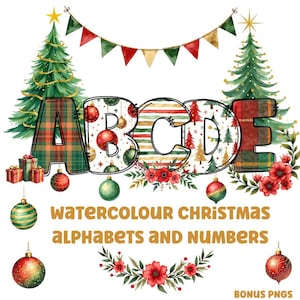 Alfabeto navideño PNG clipart letras 300dpi PNG transparente. 4 estilos con imágenes prediseñadas navideñas adicionales. Acuarela navideña