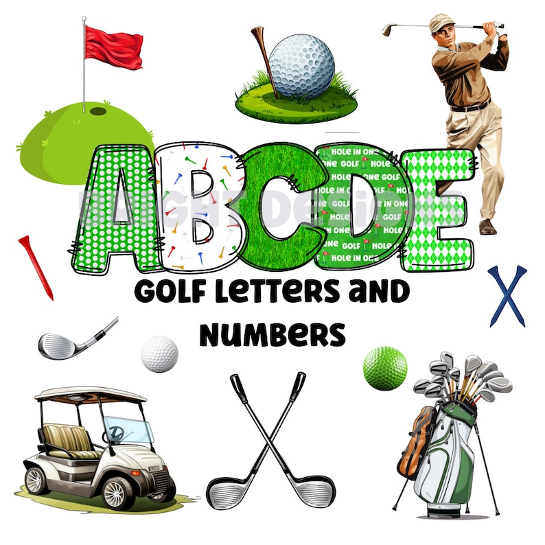 Puede incluir: Letras del alfabeto A, B, C, D y E verdes, blancas y rojas con un tema de golf. Las letras est&aacute;n decoradas con pelotas de golf, palos de golf y tees de golf. Las letras est&aacute;n rodeadas de im&aacute;genes relacionadas con el golf, incluyendo un carrito de golf, palos de golf, pelotas de golf y un golfista balanceando un palo de golf.