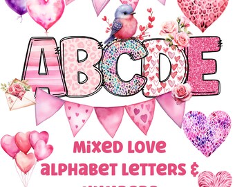 Gemengde liefde valentijnskaarten clipart alfabet letters 300 dpi transparante png. 5 stijlen alfabetletters van A-Z. Hoofdletters. Bonusclipart