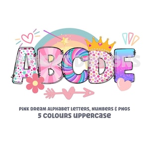 Pink dream alphabet  clipart letters 300dpi transparent png. 5 styles of alphabet letters A-Z. Uppercase letters. Princess font