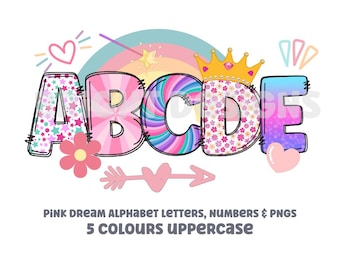 Pink dream alphabet  clipart letters 300dpi transparent png. 5 styles of alphabet letters A-Z. Uppercase letters. Princess font