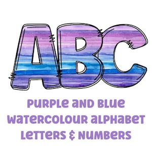May include: Purple and blue watercolor alphabet letters and numbers. The letters A, B, and C are shown in a striped pattern.