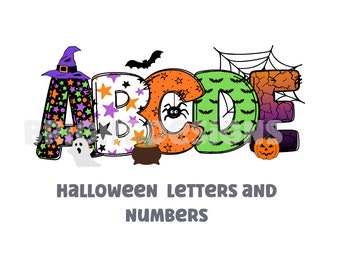 May include: Colorful Halloween alphabet letters A, B, C, D, and E with a witch's hat, a ghost, a cauldron, a spider, bats, and a pumpkin. The text below the letters reads "Halloween Letters and Numbers".