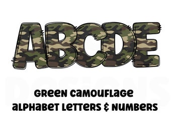 Green Camouflage Alphabet Letters - Transparent PNGs of A-Z Uppercase Letters and Numbers in Camo Design at 300DPI