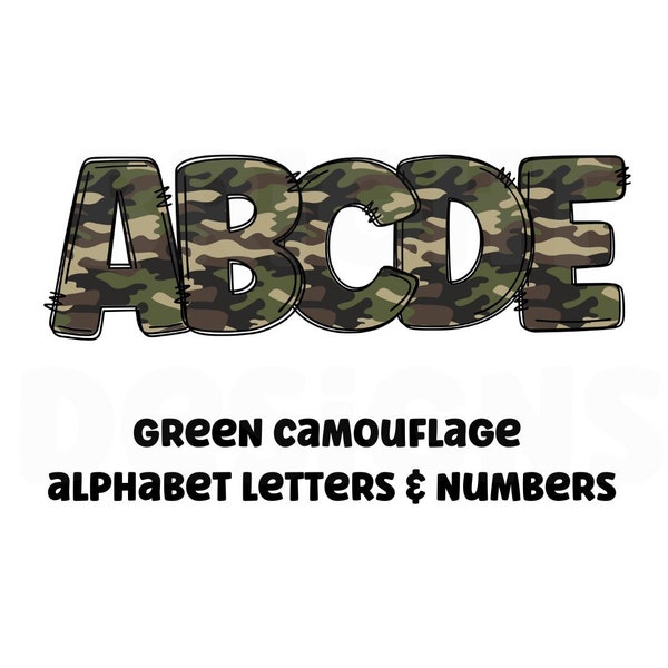 Grüne Camouflage Alphabet Buchstaben - Transparente PNGs von A-Z Großbuchstaben und Zahlen im Camo Design bei 300DPI