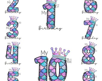 May include: Ten colorful mermaid-themed birthday numbers with crowns. Each number is decorated with a mermaid scale pattern in shades of blue, purple, and pink. The numbers are surrounded by the text "My Birthday" and the ordinal number, such as "1st" or "2nd".